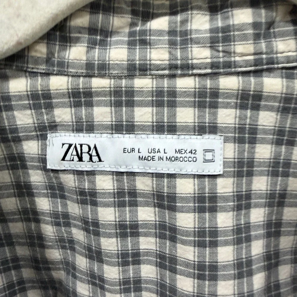 Zara Mens Grey White Plaid Short Sleeve Button Down Shirt Large 4425/056/802